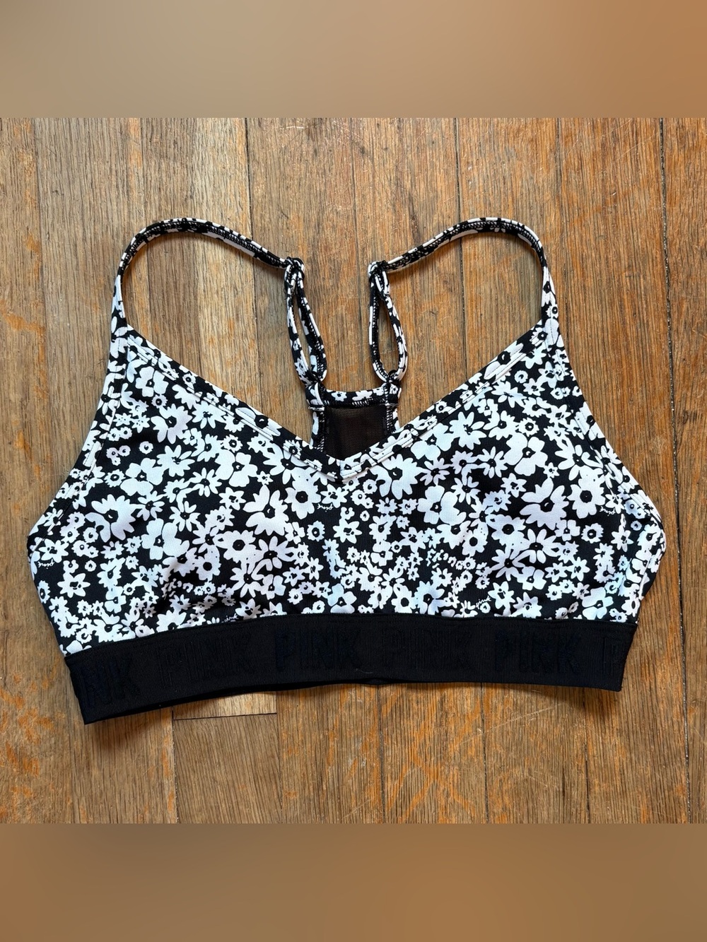 ﻿Victoria's Secret Pink Active Black & White Floral Sports Bra ~ sz Small